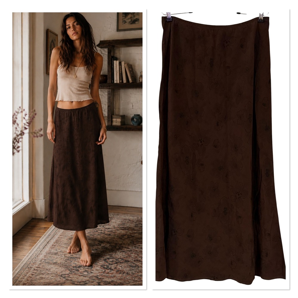Cut Loose Brown Tencel Floral Pull On Maxi Skirt Boho Whimsigoth Fairy Grunge L